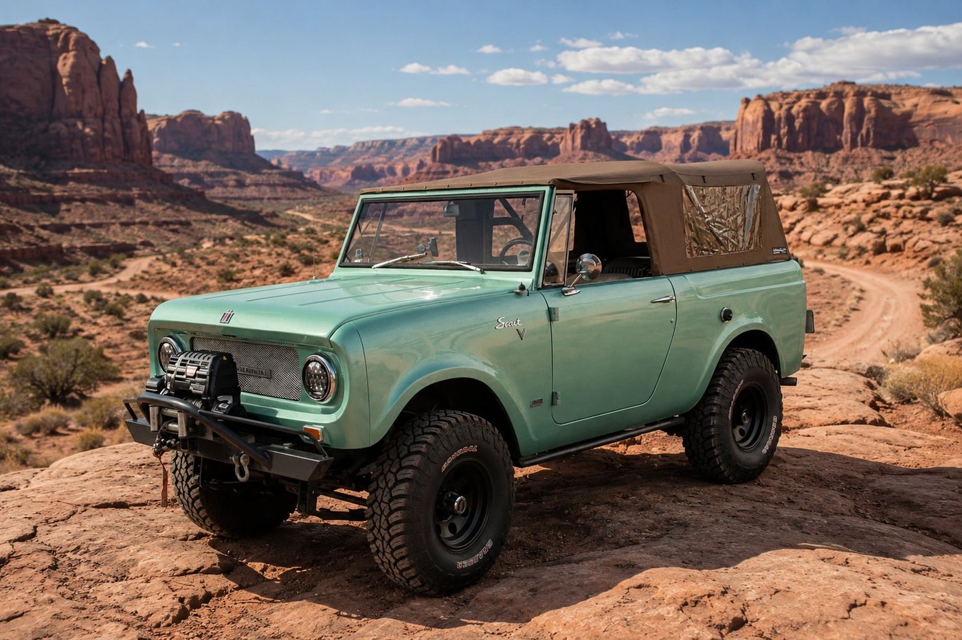 Vintage green Scout build in red rock country